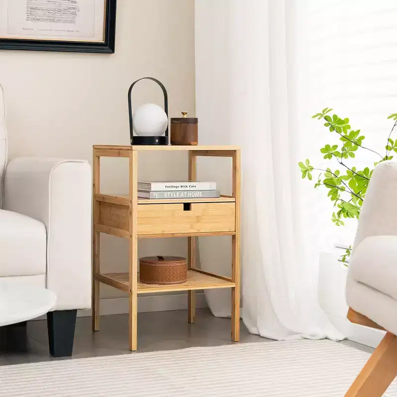 Costway Bamboo Nightstands Set of 2 w/ Pull-out Drawer and Storage Shelf Wood Natural