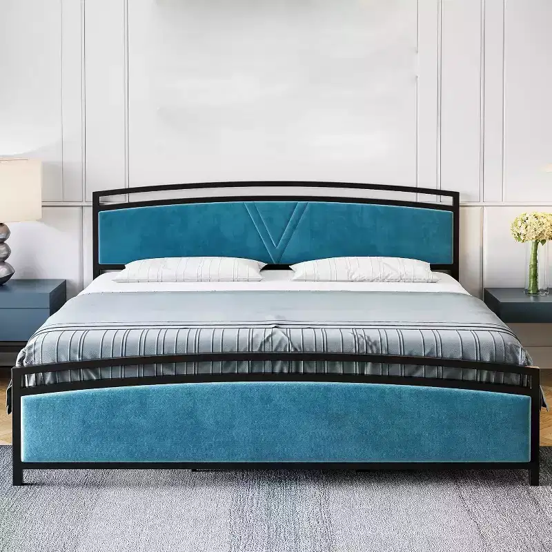 Queen Size Velvet Curved Platform Bed Frame with Storage, Upholstered Headboard & Footboard, Heavy-Duty Metal Slats, Noise-Free, Gray