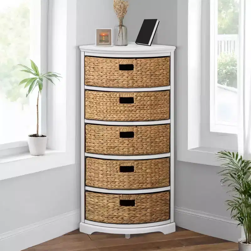 EHemco Hampton Meadows 5 Tier X-Side Corner Storage Drawers with 5 Wicker Baskets
