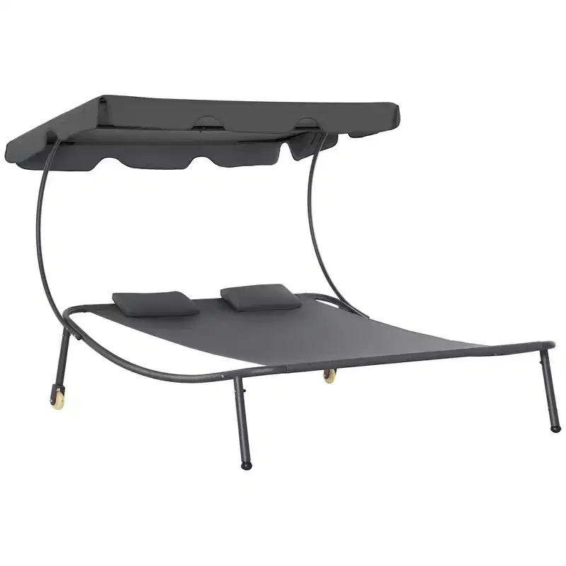 Patio Double Chaise Lounge Chair, Outdoor Wheeled Hammock Daybed with Adjustable Canopy and Pillow for Sun Room, Garden, or Poolside