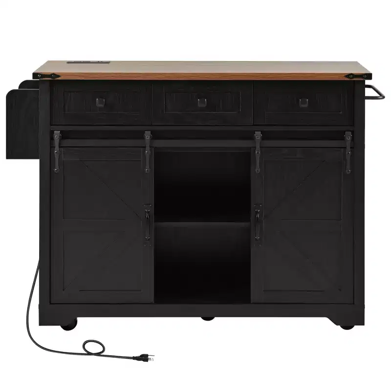 sumyeg 53.7 Rolling Kitchen Cart with Barn Doors, Drop Leaf, Power Outlet and Spice Rack (No Stools)