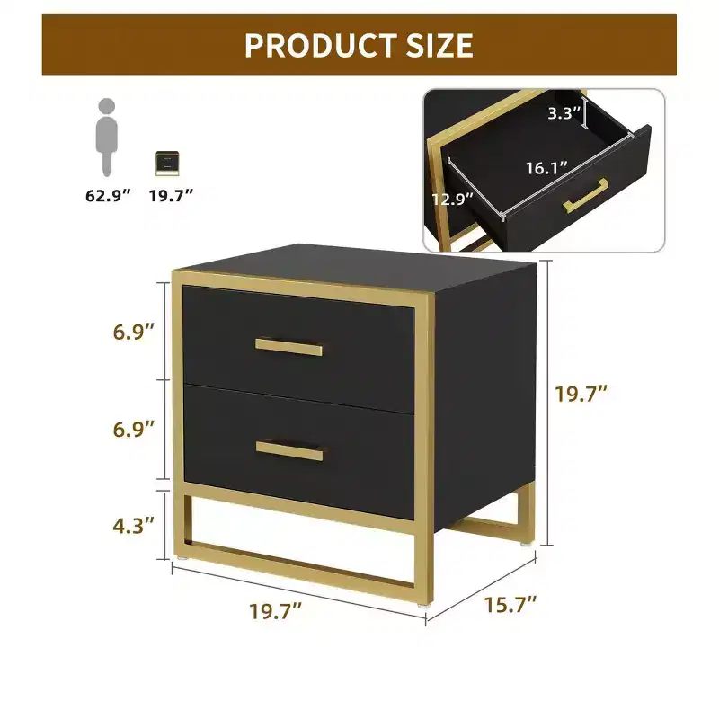 Nightstand with 2 Drawers and Metal Frame