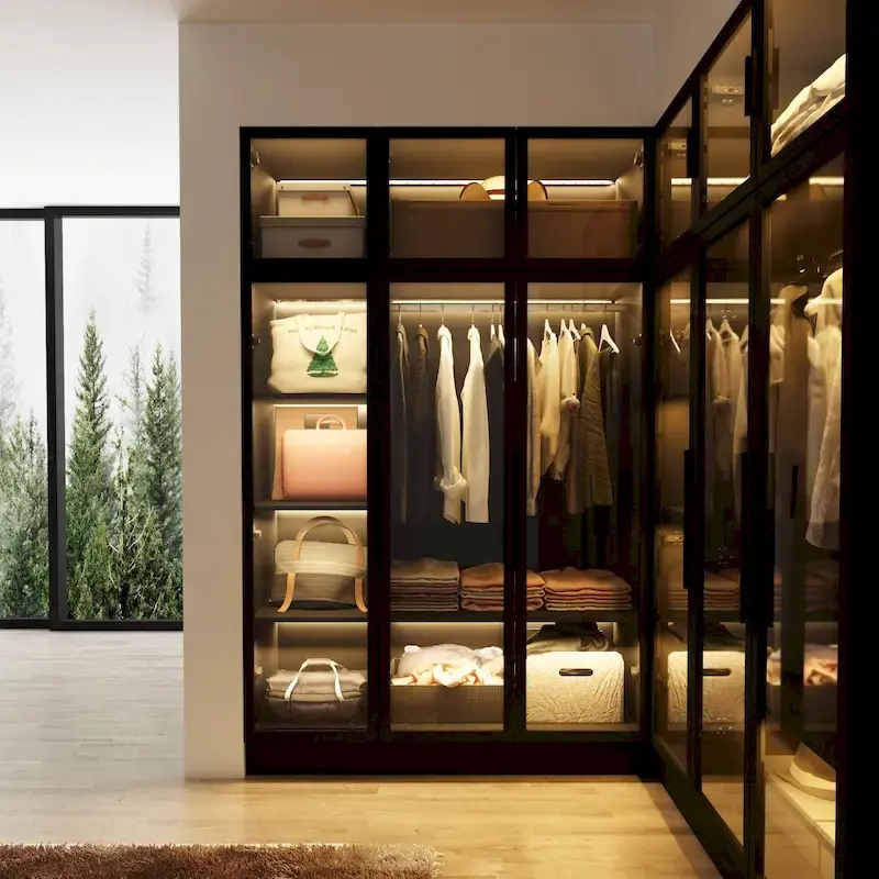 47.2 Wide Armoire LED Light All Glass Door Clo Cabinet Wardrobe
