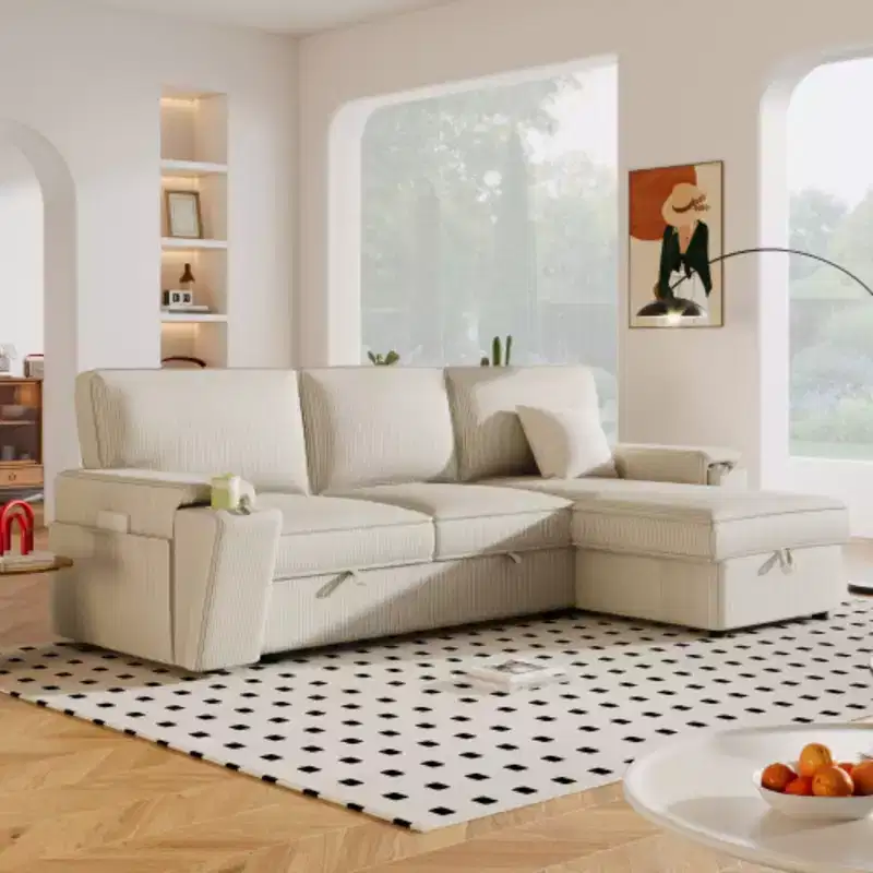 Fabric Convertible Sectional Sofa with Storage Pockets and Dual Cup Holders on Armrests