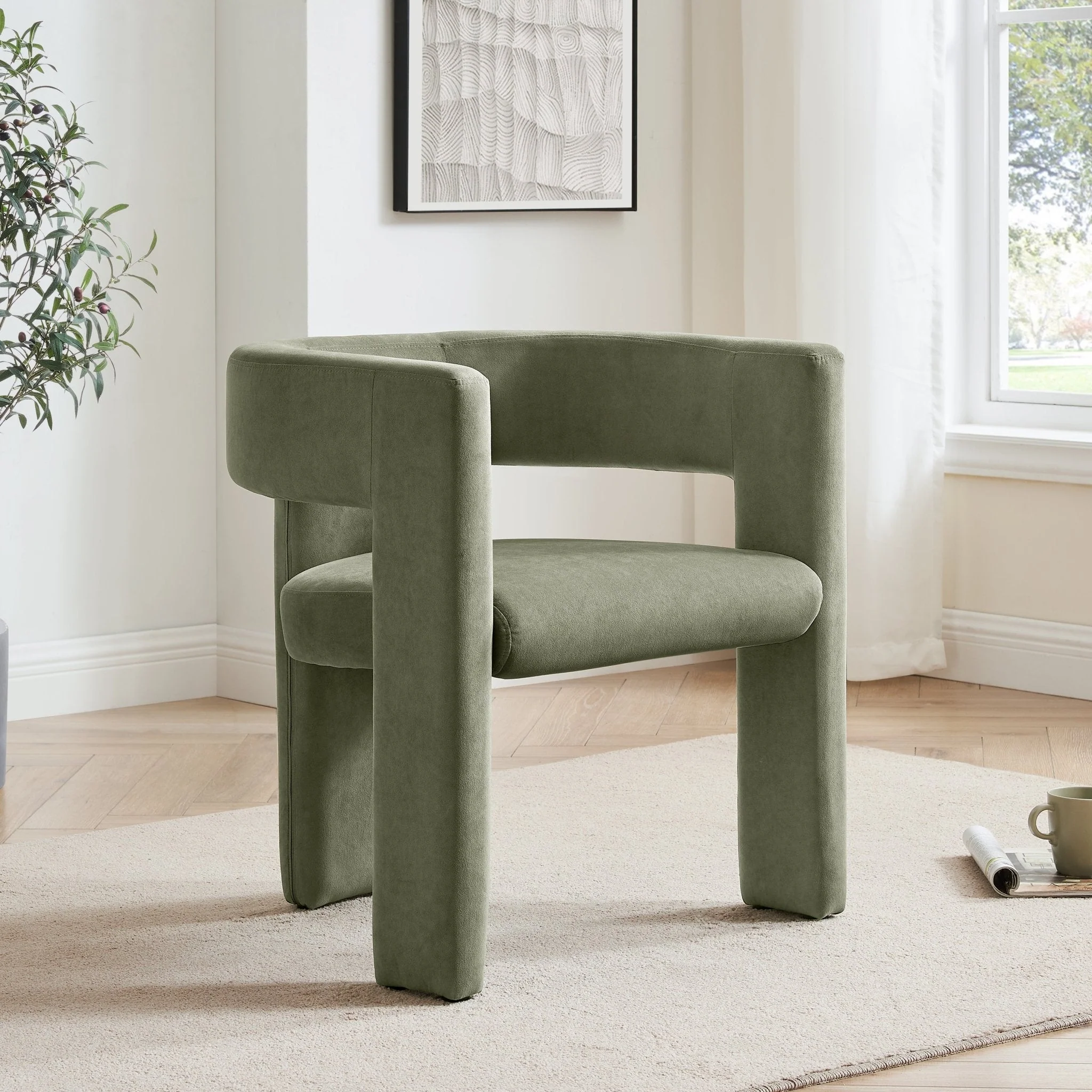 Contemporary Sage Green Fabric Dining Chair with Curved Design for Dining Room