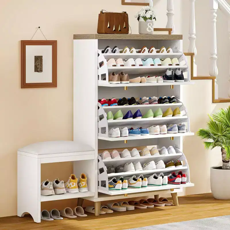 3 Flip Drawers Shoe Rack Bench Wood Storage Standing Cabinet Organizer Entryway