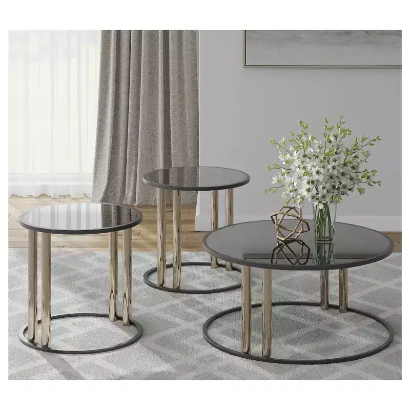 Signature Design by Ashley Hannerly Occasional Table Set, Coffee Table and 2 End Tables, Black Glass with Goldtone Metal