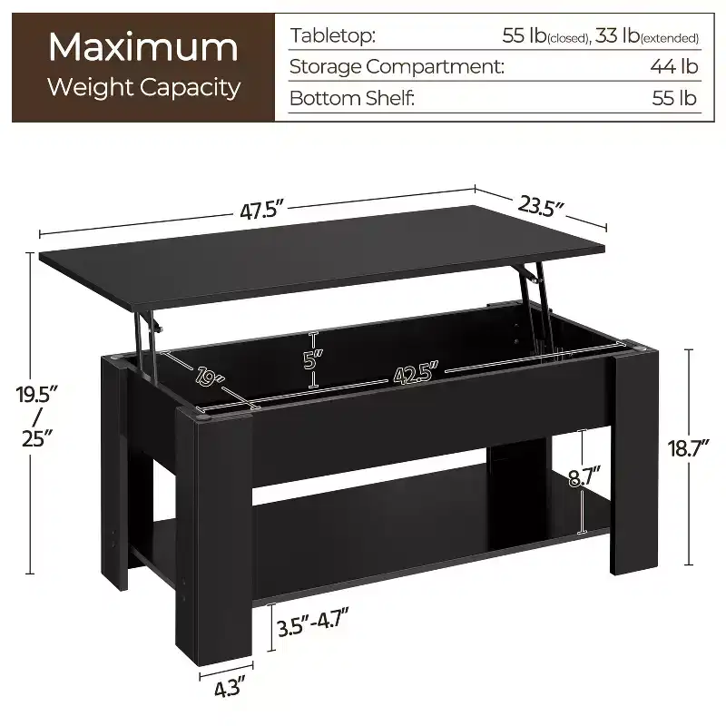 Lift Top Coffee Table with Hidden Compartment & Open Shelf For Living Room