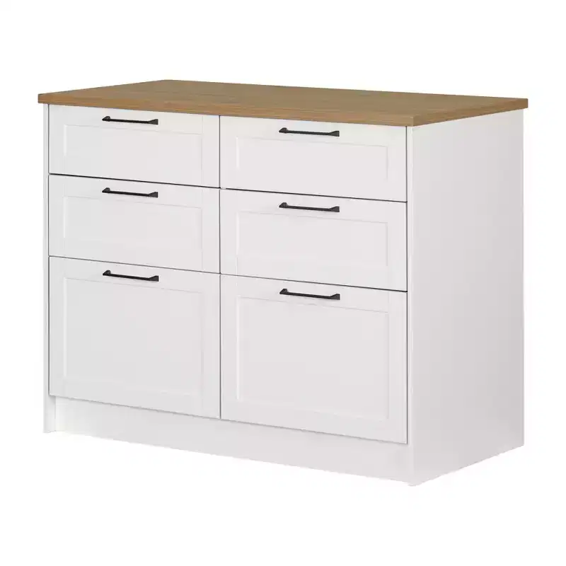 6-Drawer Kitchen Island – Farmhouse Style, White & Maple Nutmeg, 47.25