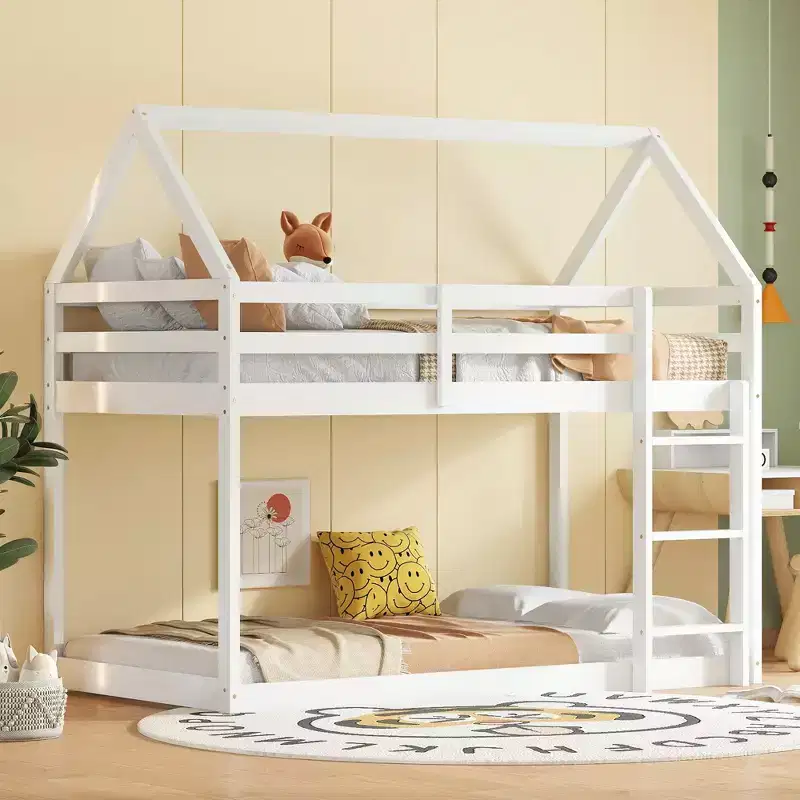 MAYEERTY Twin Rubber Wood Floor BUnk Bed with Ladder, Guardrails, House Shaped Bunk Bed Gray