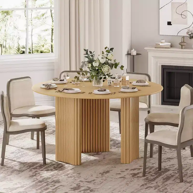 PexFix 52 Modern Round Dining Table with Striped Column Legs Solid Wood Kitchen Table Anti-Scratch Footpads for Dining Room & Kitchen Bar in Natural