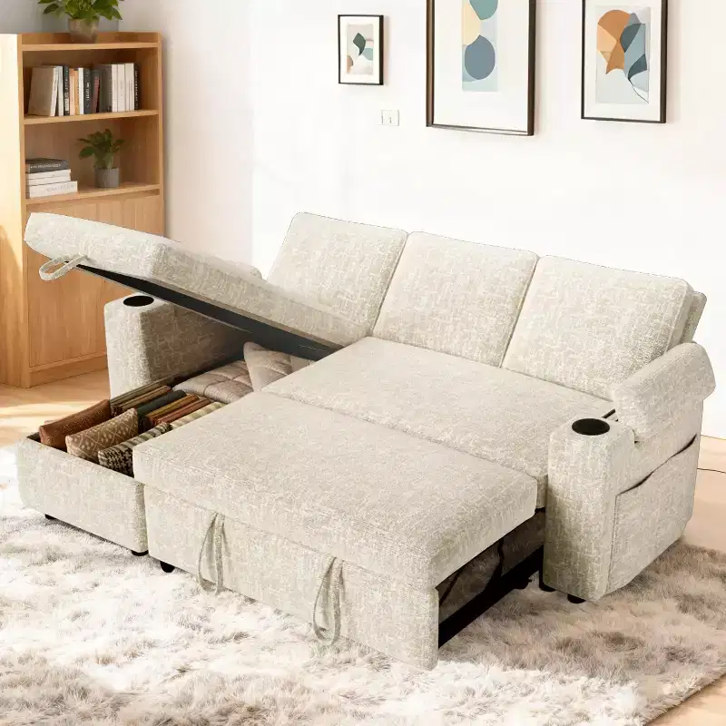 Dyonery 81-inch convertible sofa, with built-in cup holders and storage compartments in the armrests, hidden drawers, and a movable empress position