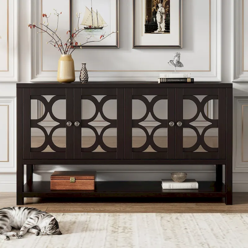 Console Table Storage Cabinet with Mirrored Doors and Open Shelf