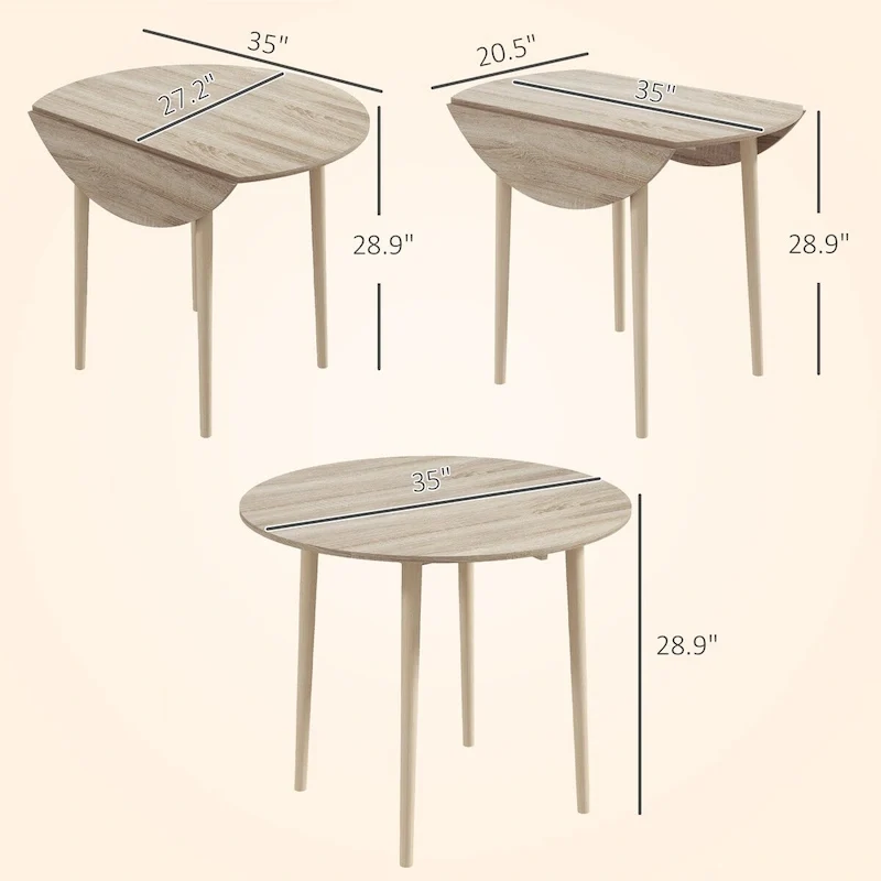 35in Round Folding Dining Table, Collapsible Drop Leaf, Solid Wood Legs, Space-Saving Small Kitchen