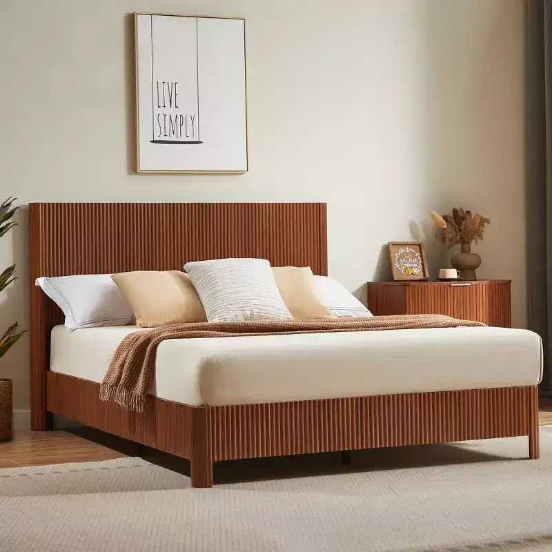 GDFStudio Whitmore Rustic Curved Wooden Bed Frame with Sturdy Iron Support