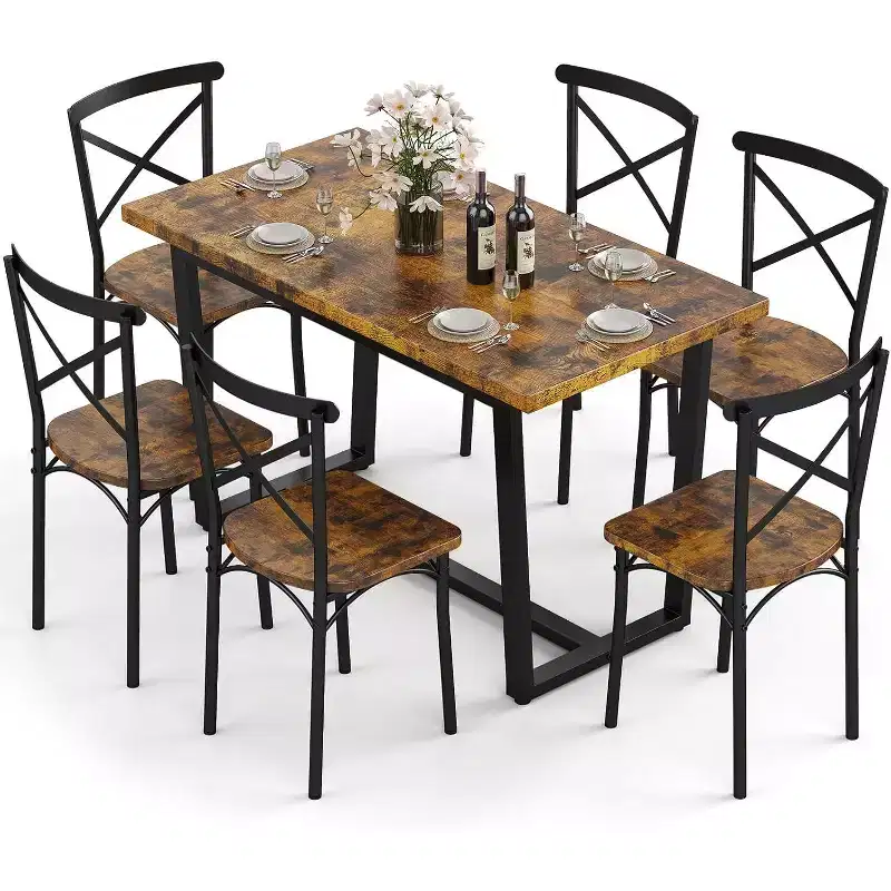 Dining Table with 6 Chairs, Iron Frame & MDF Seats