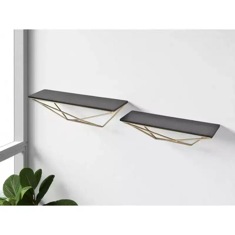 HomeRoots Set Of Two Black And Gold Wood And Metal Modern Wall Mounted Accent Shelves