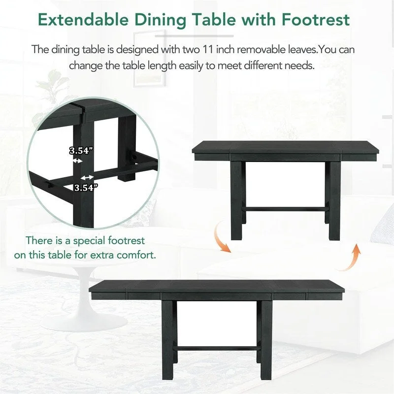 6-Piece Dining Kitchen Table Set, Extendable Wood Dining Table, 4 Upholstered Dining Chairs and Bench, Two 11 Removable Leaf