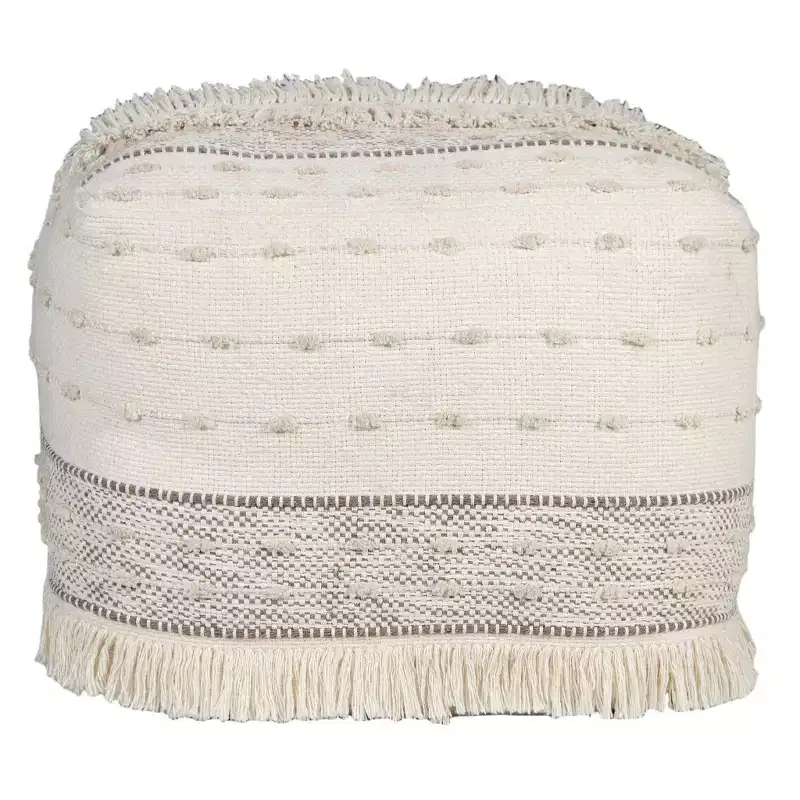 HomeRoots 18 Cream Cotton Striped Pouf Ottoman