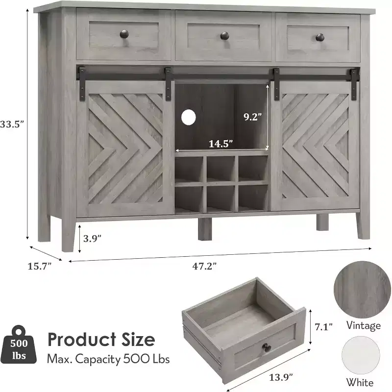 GustoWave 47.2 Farmhouse Sideboard, 33.4 High, with 3 Drawers, Adjustable Shelves and Removable Wine Rack