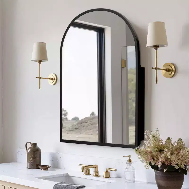 PexFix 39.4 x 24.5 Arched Black Bathroom Medicine Cabinet with Mirror Metal Framed Wall Mounted Recessed Cabinets for Bathroom Vanity with 2 Shelves