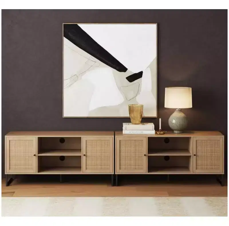 Nathan James Set of 2 Mina Rattan Tv Cabinet For Tvs Up To 50" Oak