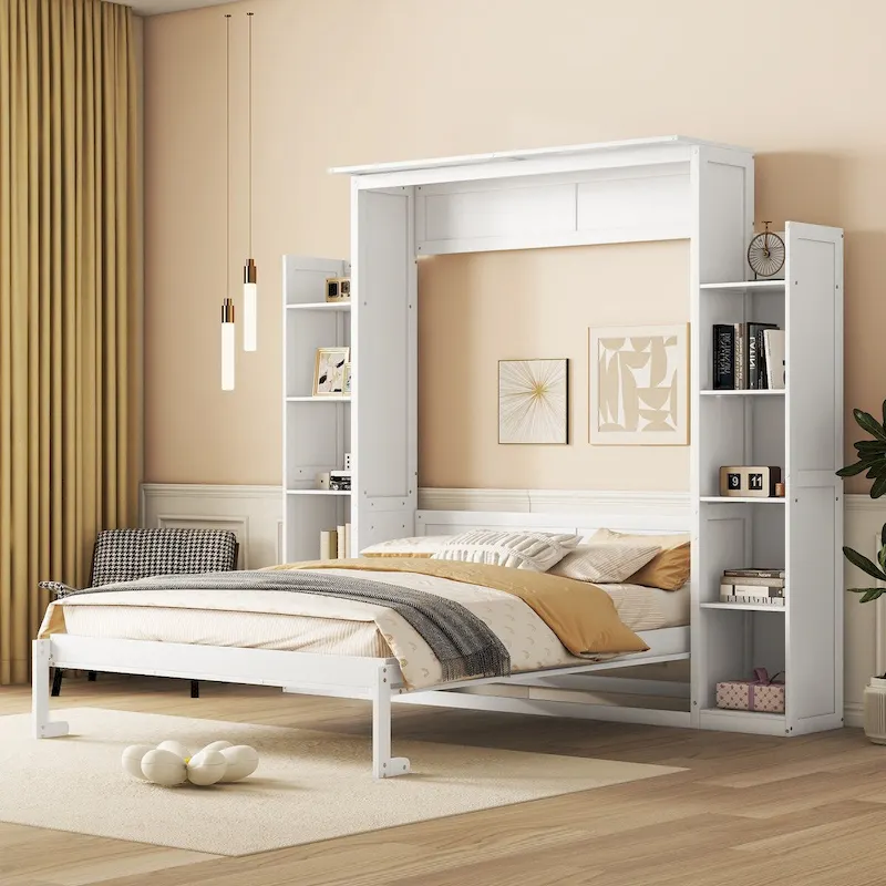 Queen Size Murphy Wall Bed with Shelves & LED Lights – White / Grey, Plywood & MDF, Single