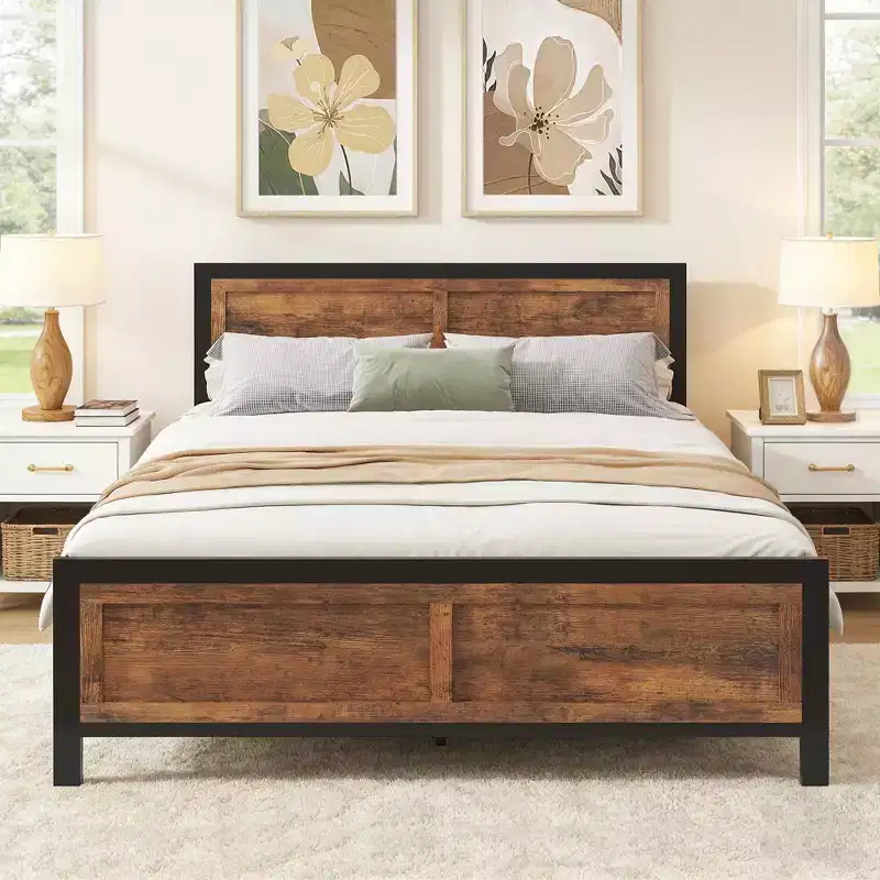 Queen Bed Frame with 4 Storage Drawers, Metal Platform Bed with Wood Headboard & Footboard, No Box Spring Needed, Noise Free