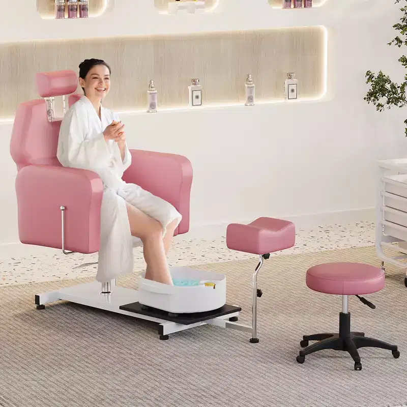 Reclining Pedicure Chair with Stool, Footrest & Massage Foot Basin, Hydraulic Lift Pedicure Station for Nail Tech, Swivel Foot Spa Chair