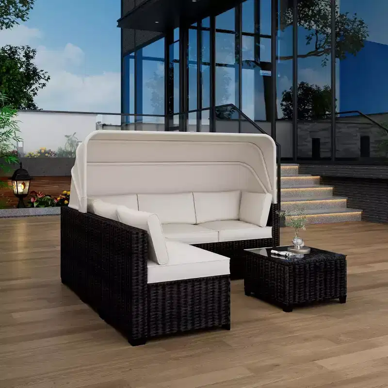 6 Piece Set of Outdoor Daybeds, Daybed with Retractable Canopy, Out Patio Lounge Set with Adjustable Backrests, Chaise Lounges