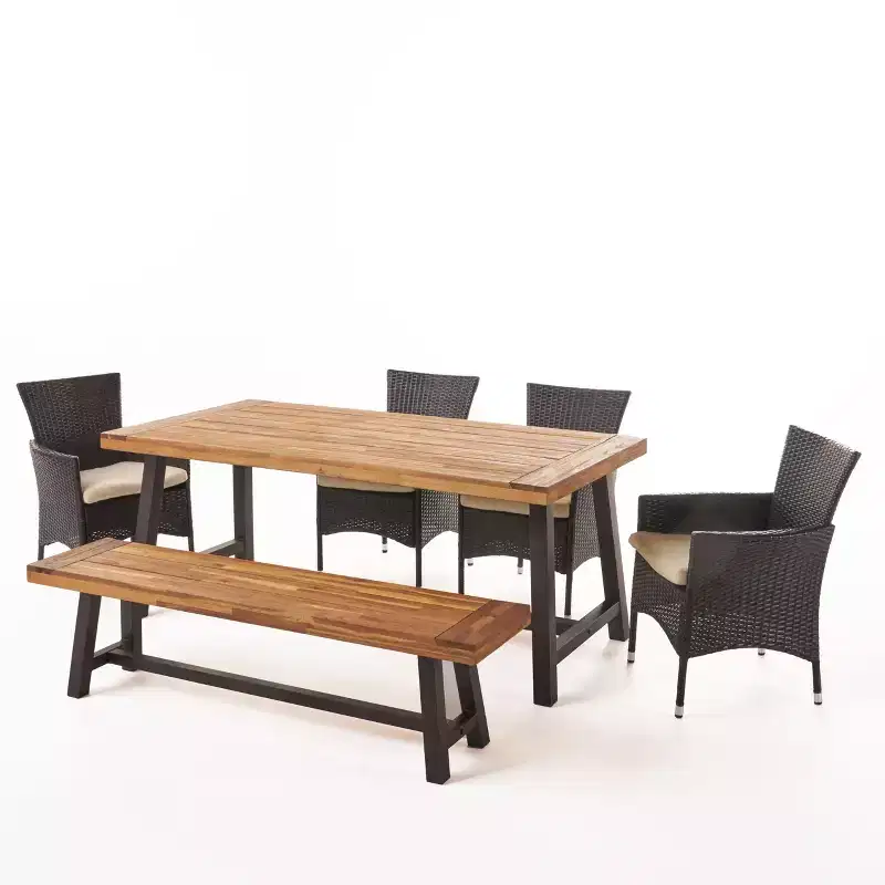 GDFStudio Preston Outdoor Acacia Wood and Wicker 6 Piece Dining Set