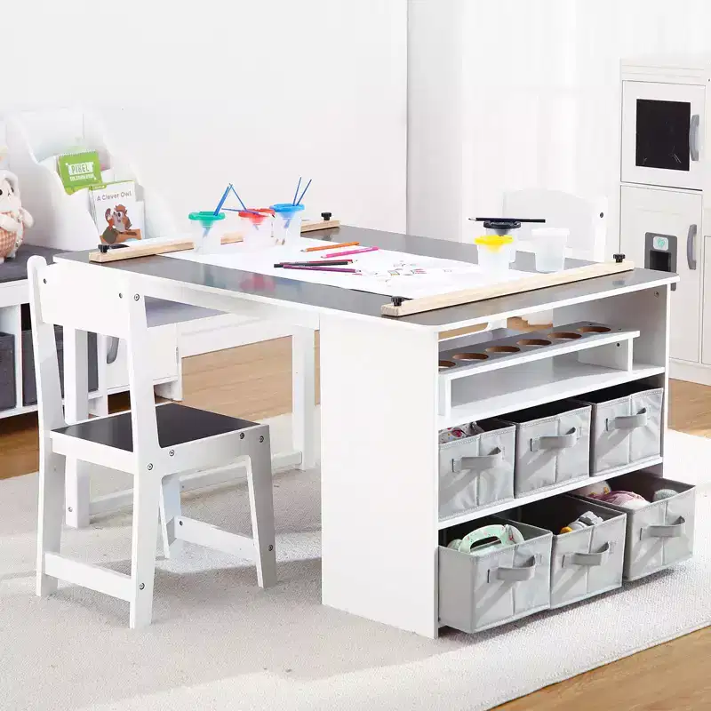 Kids Art Table and 2 Chairs,Toddler Craft and Play Wood Storage Desk with Storage Bins, Drawing Desk, Kids Activity and Study Table, Activity,Crafts