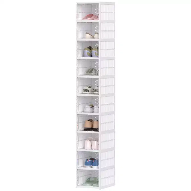 Stackable Plastic Shoe Boxes, 10 Pack Foldable Shoe Storage Boxes with Clear Door, No Assembly, Fit Size 10