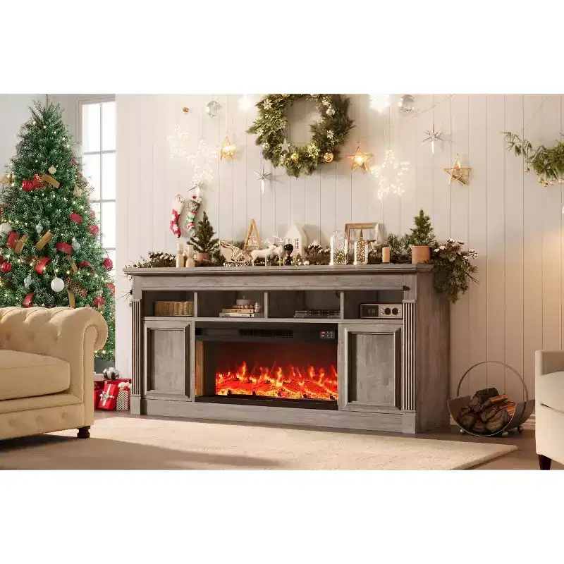 Fireplace TV Stand with 36 Remote-Controlled Electric Fireplace, 68 Farmhouse Wooden Entertainment Center, Storage Cabinets for TVs up to 80
