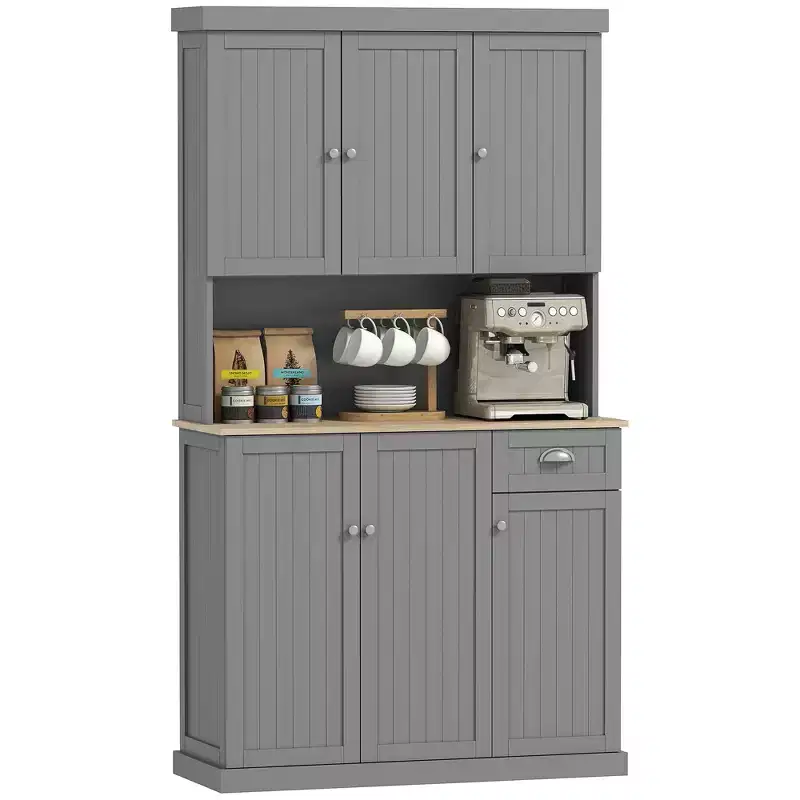 71 Buffet with Hutch, Modern Farmhouse Kitchen Pantry Storage Cabinet with Microwave Oven Countertop, Drawer, and Cupboard