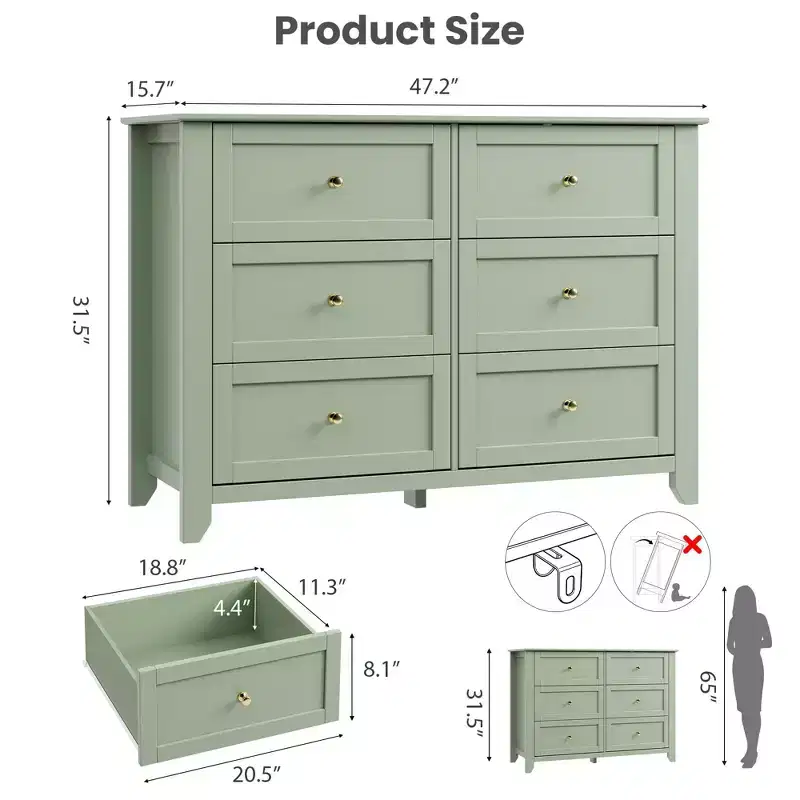 6 Drawer Dresser Tall Wooden Storage Chest with Deep Drawers, Metal Knobs Organizer Cabinet for Entryway, Hallway, Living Room, Kids Room, Closet