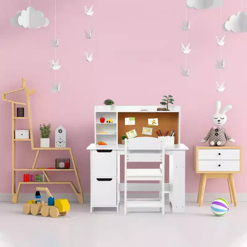 White Study Desk and Chair Set with Bookshelf, Bulletin Board, and Cabinets - Ideal for Boys and Girls Ages 3-8