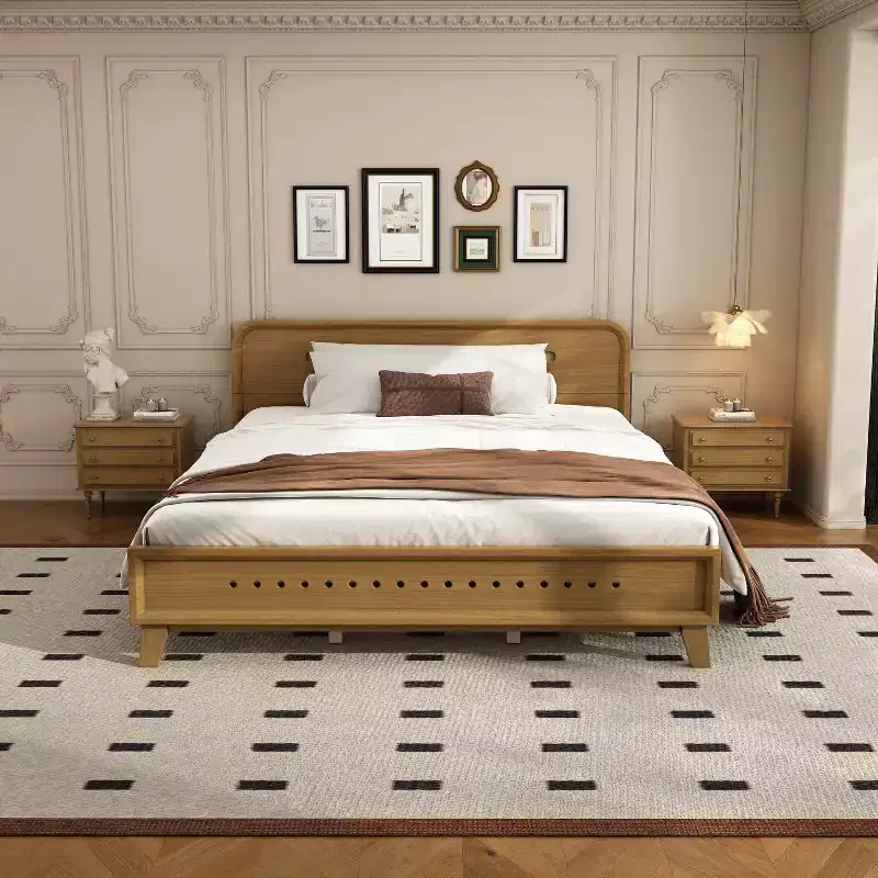 King/Queen Size Bed Frame, Solid Pine Wood Platform Bed Frame, No Box Spring Needed, Rustic Yellow - ModernLuxe