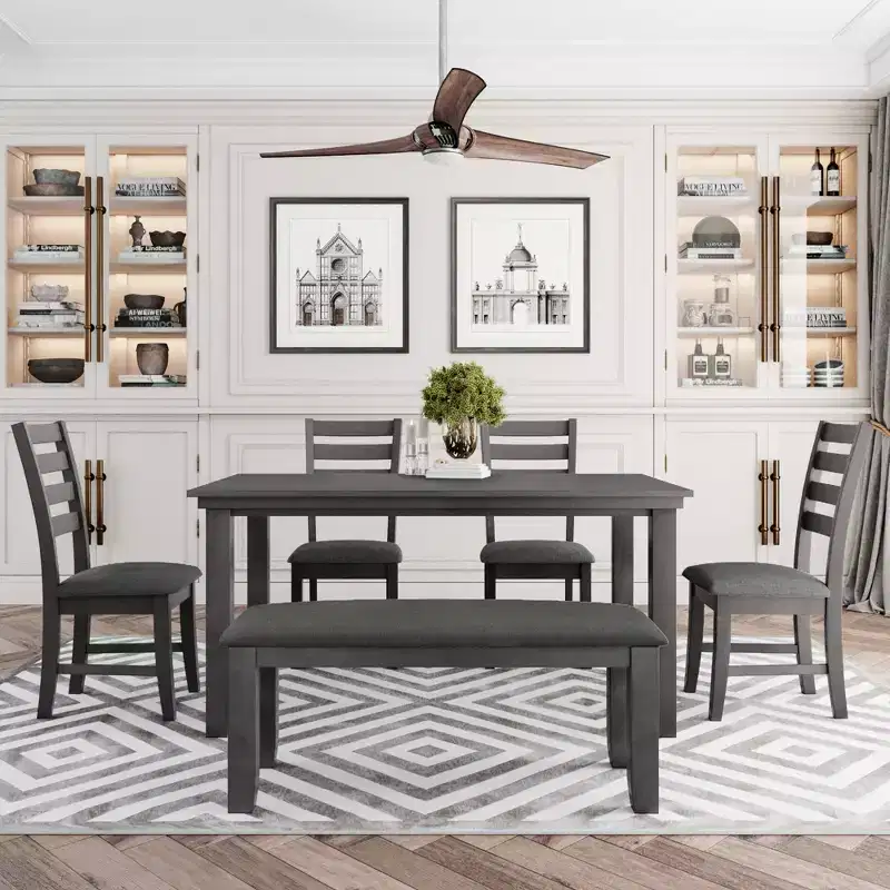 Whisen 6-Piece Rustic Wood Dining Room Set with 4 Chairs and Bench