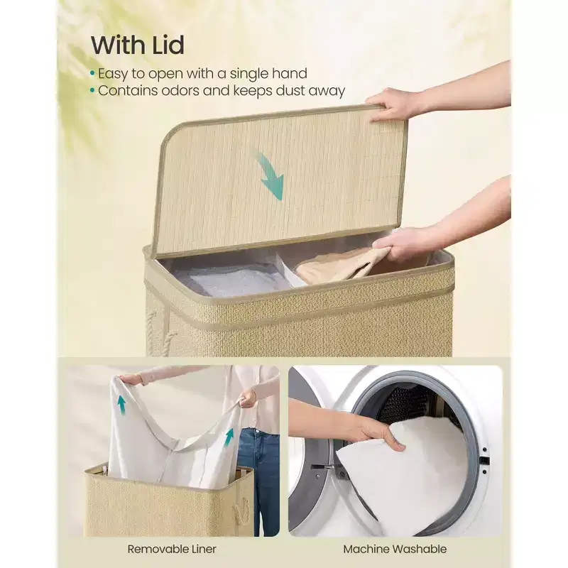 2-Section Laundry Hamper with Removable Washable Bags, 34.3 Gallon Bamboo Storage with Lid, Natural Color
