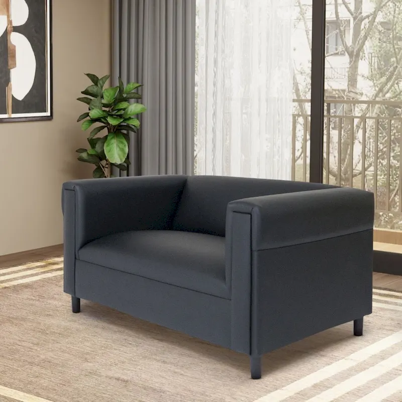 Mid-Century Modern Two-Seater Sofa — Faux Leather Upholstery, Solid Wood Frame, Upholstered Design