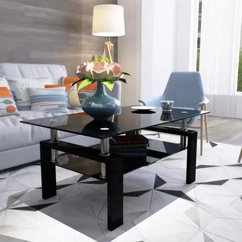 Modern Glass Coffee Table with Double Layer Storage Space and Metal Tube Legs for Living Room or Office