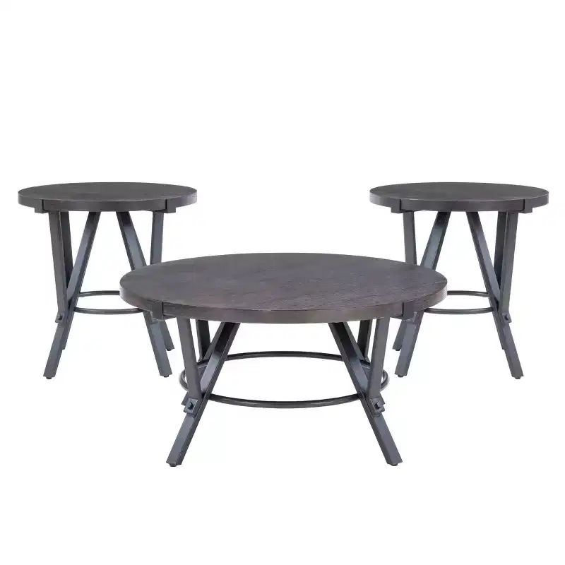 Wood Top and Charcoal Gray Metal Round Coffee and Side Table Charcoal Brown: Rustic Living Room Furniture