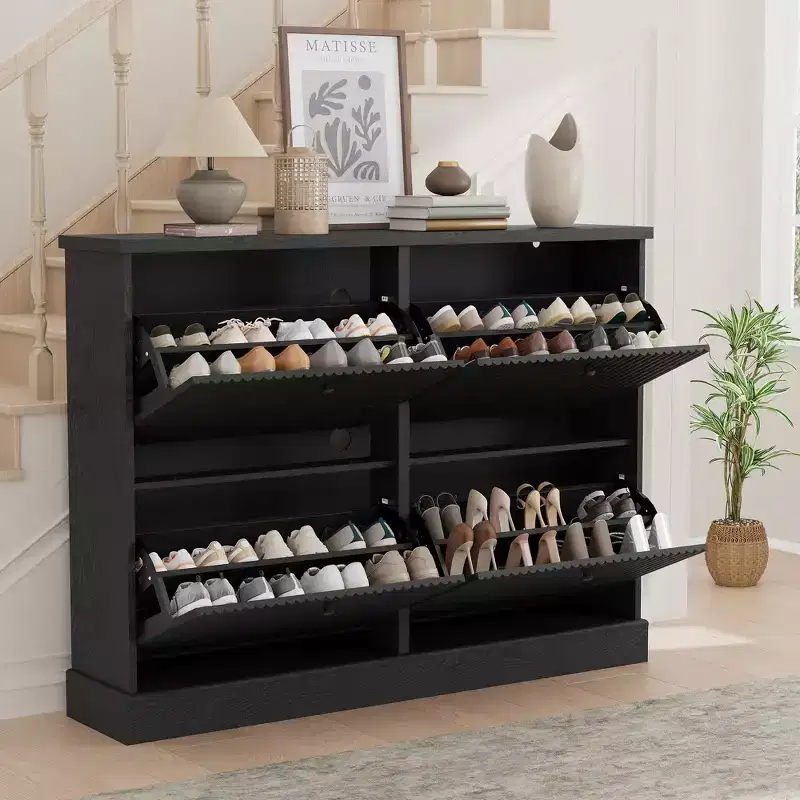 Fluted Shoe Cabinet Storage with 4 Flip Drawers, Wooden Fluted Narrow Shoe Organizer with Adjustable and Removable Shelves
