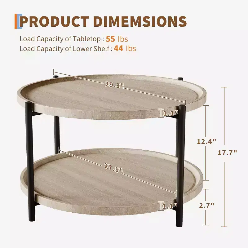 Round Coffee Table with Storage, Natural Wood 36 Coffee Table with 2-Tier Open Shelves, Modern Farmhouse Center Table for Living Room