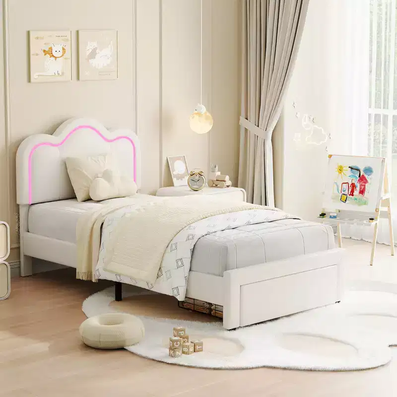 COZONY Kids Platform Bed with LED Neon Lights  Mountain-Shaped Upholstered Headboard for Boys & Girls Bedroom, Modern Childrens Furniture, White