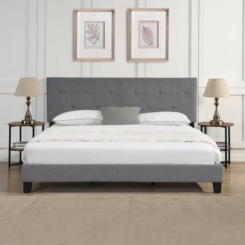 Grey King Linen Bed with Tufted Headboard