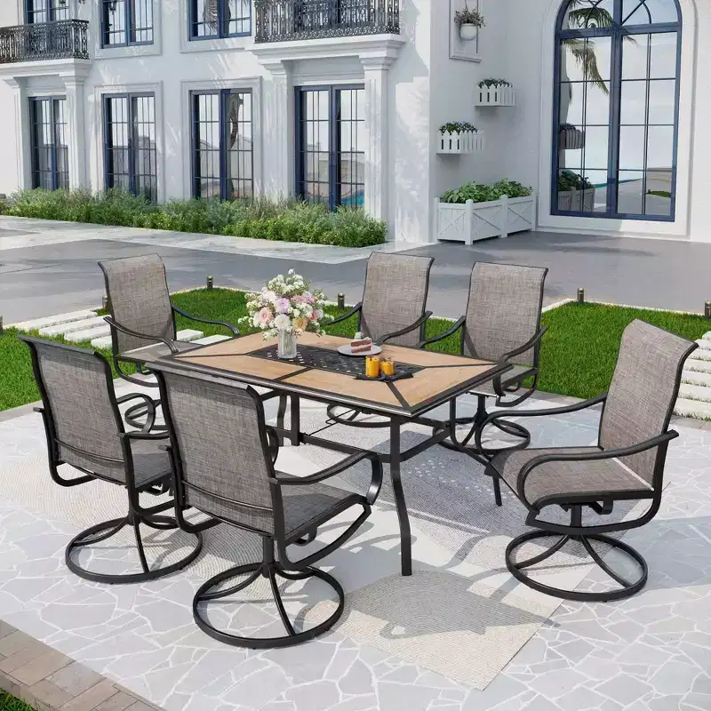 7pc Patio Dining Set with Faux Steel Table & 360 Swivel Sing Arm Chairs - Captiva Designs: Weather-Resistant Outdoor Furniture
