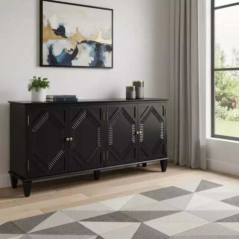 HomeRoots 66 Black Wood Carved Geometric Accent Cabinet With Four Doors