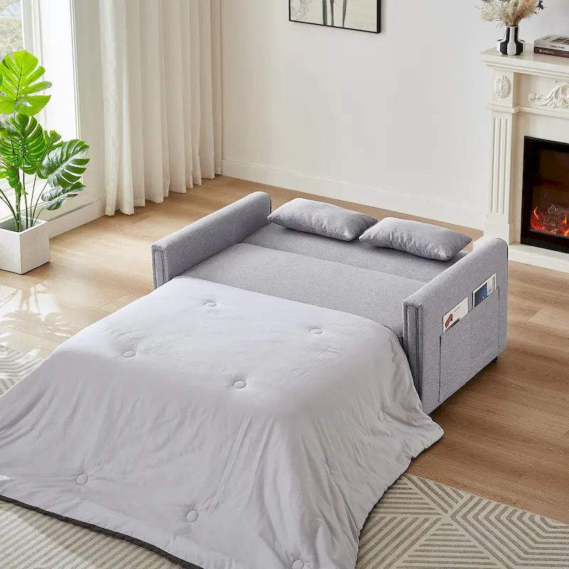 Modern Linen Convertible Loveseat Sleeper Sofa Couch with Adjustable Backrest, Pull-Out Bed and 2 Lumbar Pillows